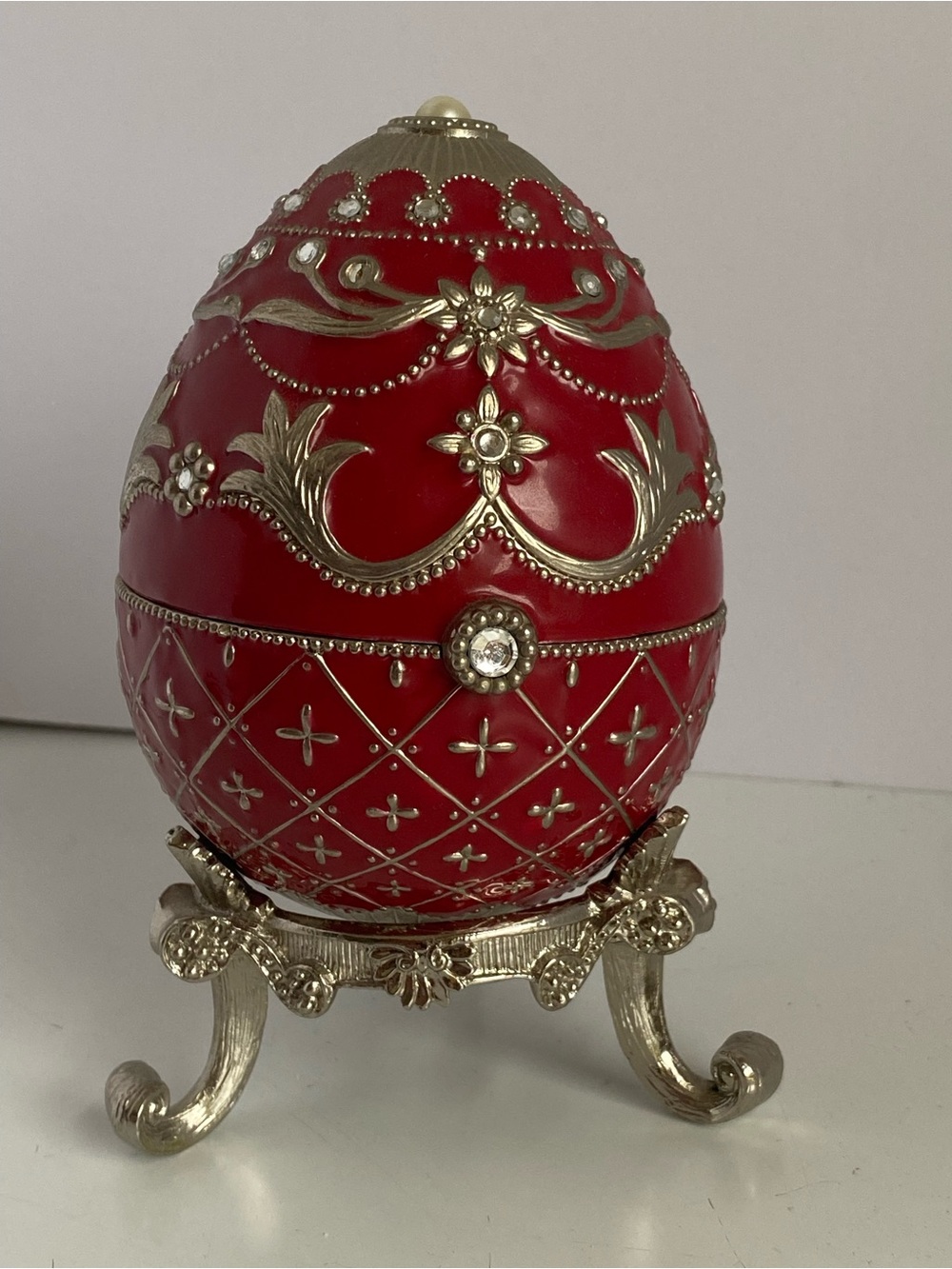 Faberge Style Egg Red Enameled Jeweled Music Box Rotating Bouquet of Flowers